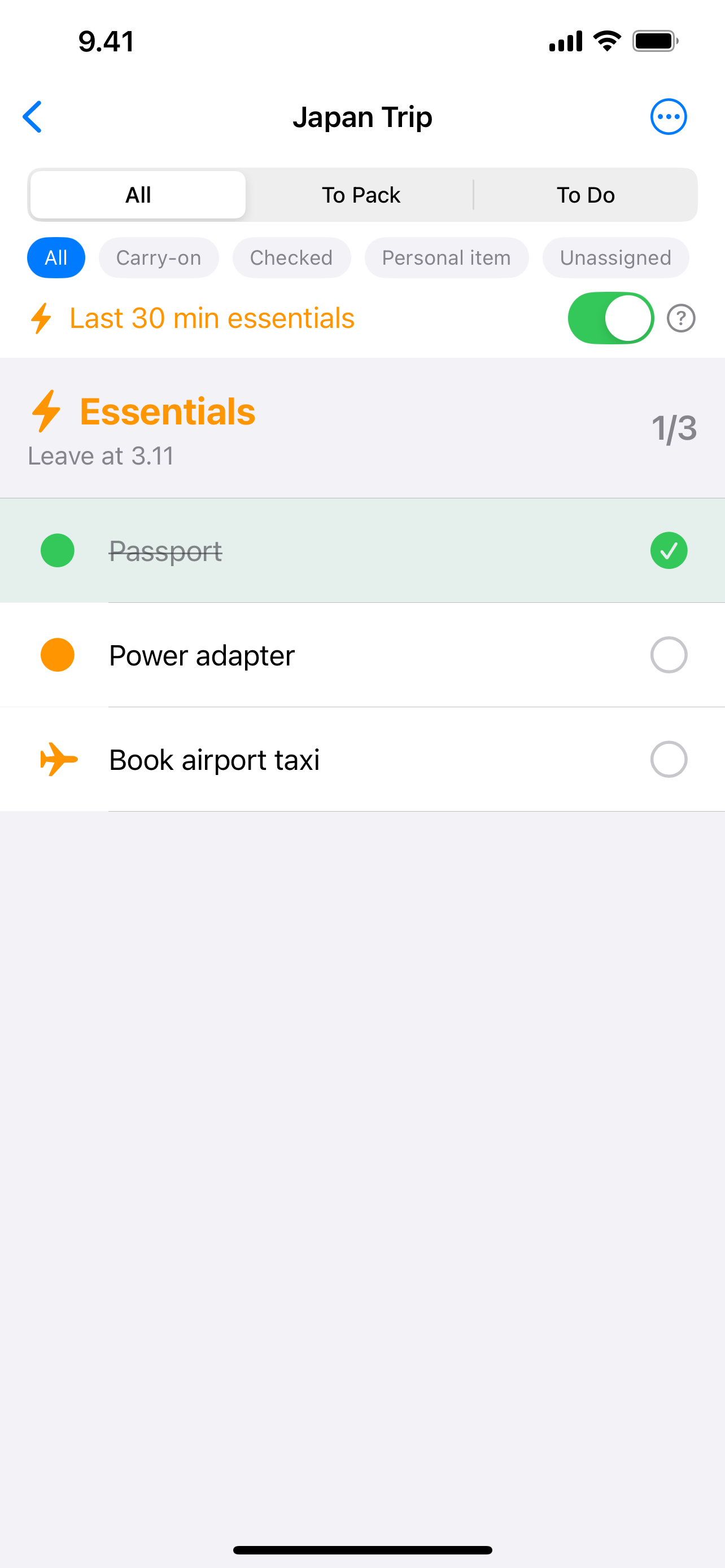DeparturePack essentials screen
