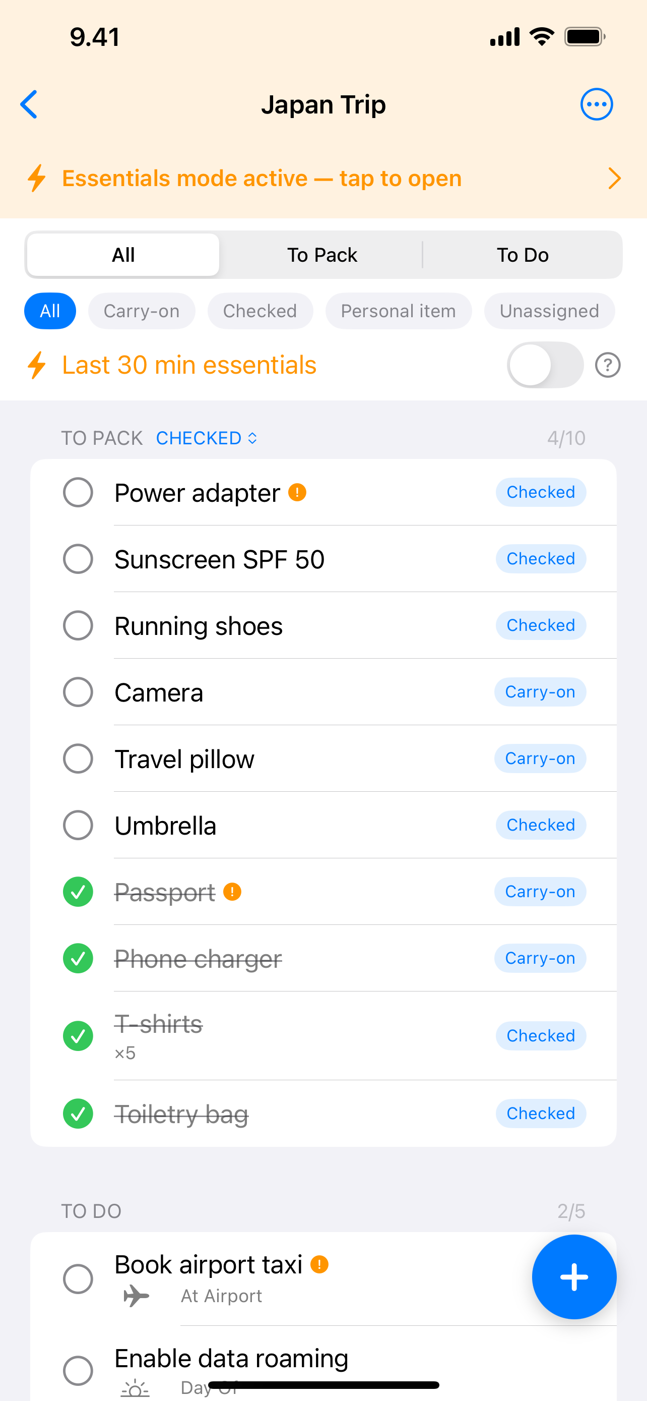 DeparturePack trip checklist screen